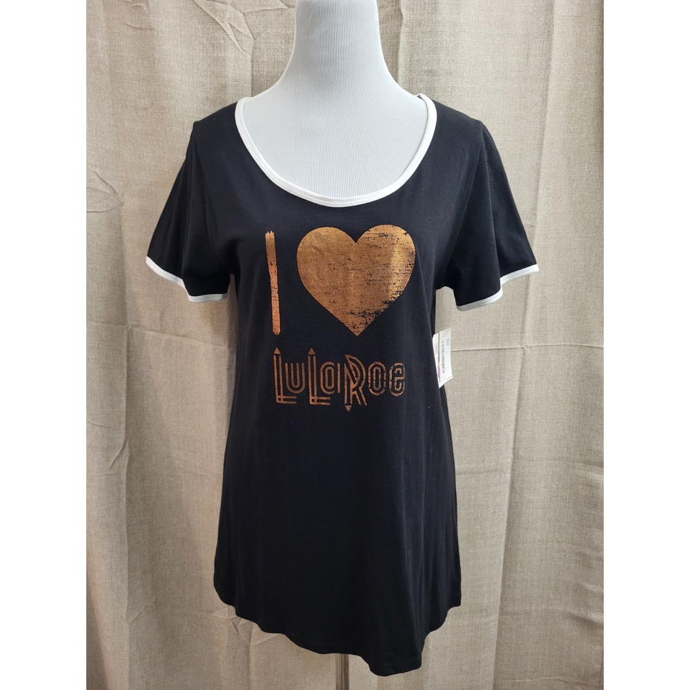LuLaRoe Classic T Shirt Womens Medium Black Rose Gold Foil Heart Ringer Tee NWT
